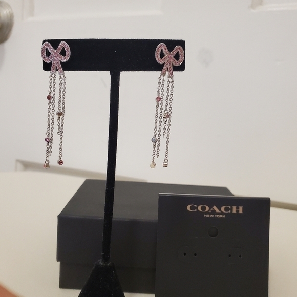 NWT Coach Pave Bow Swarovski Crystal Fringe Bow Earrings - Picture 8 of 9